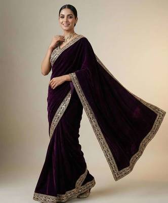 Purple velvet embroidered sequins work heavy look ethnic saree with blouse 1