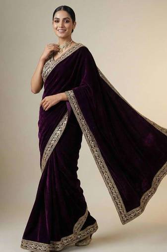 Purple velvet embroidered sequins work heavy look ethnic saree with blouse