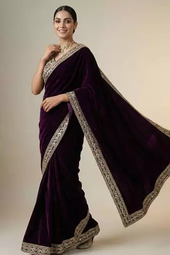 Purple velvet embroidered sequins work heavy look ethnic saree with blouse