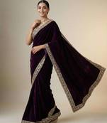 Purple velvet embroidered sequins work heavy look ethnic saree with blouse