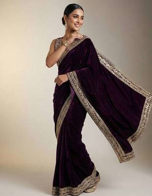 Purple velvet embroidered sequins work heavy look ethnic saree with blouse 2