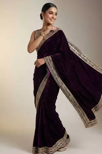 Purple velvet embroidered sequins work heavy look ethnic saree with blouse