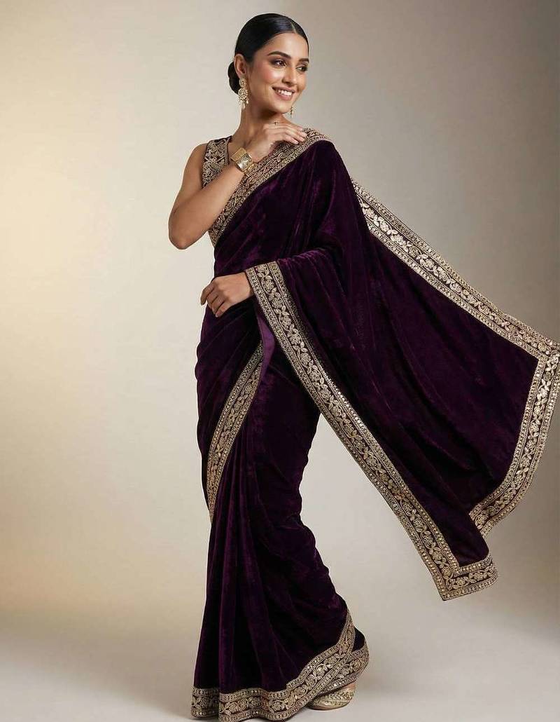 Purple velvet embroidered sequins work heavy look ethnic saree with blouse