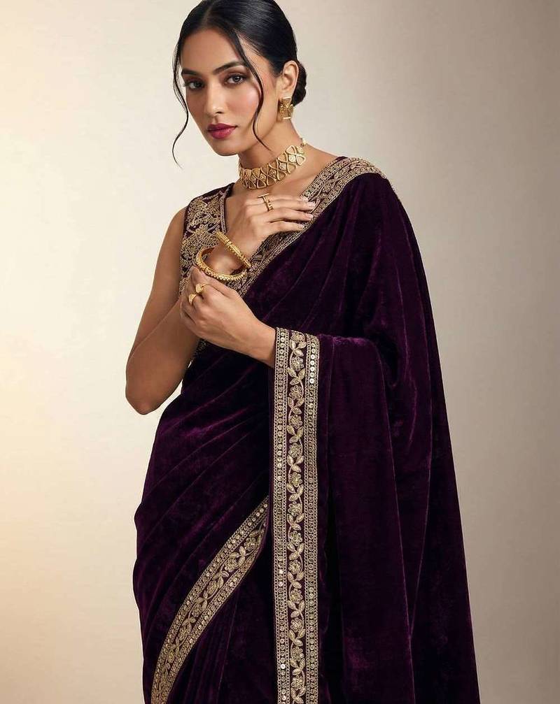 Purple velvet embroidered sequins work heavy look ethnic saree with blouse