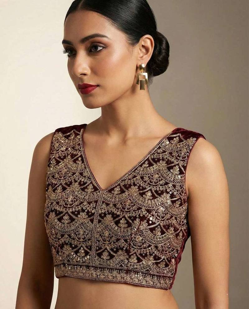 Purple velvet embroidered sequins work heavy look ethnic saree with blouse