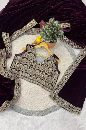 Purple velvet embroidered sequins work heavy look ethnic saree with blouse