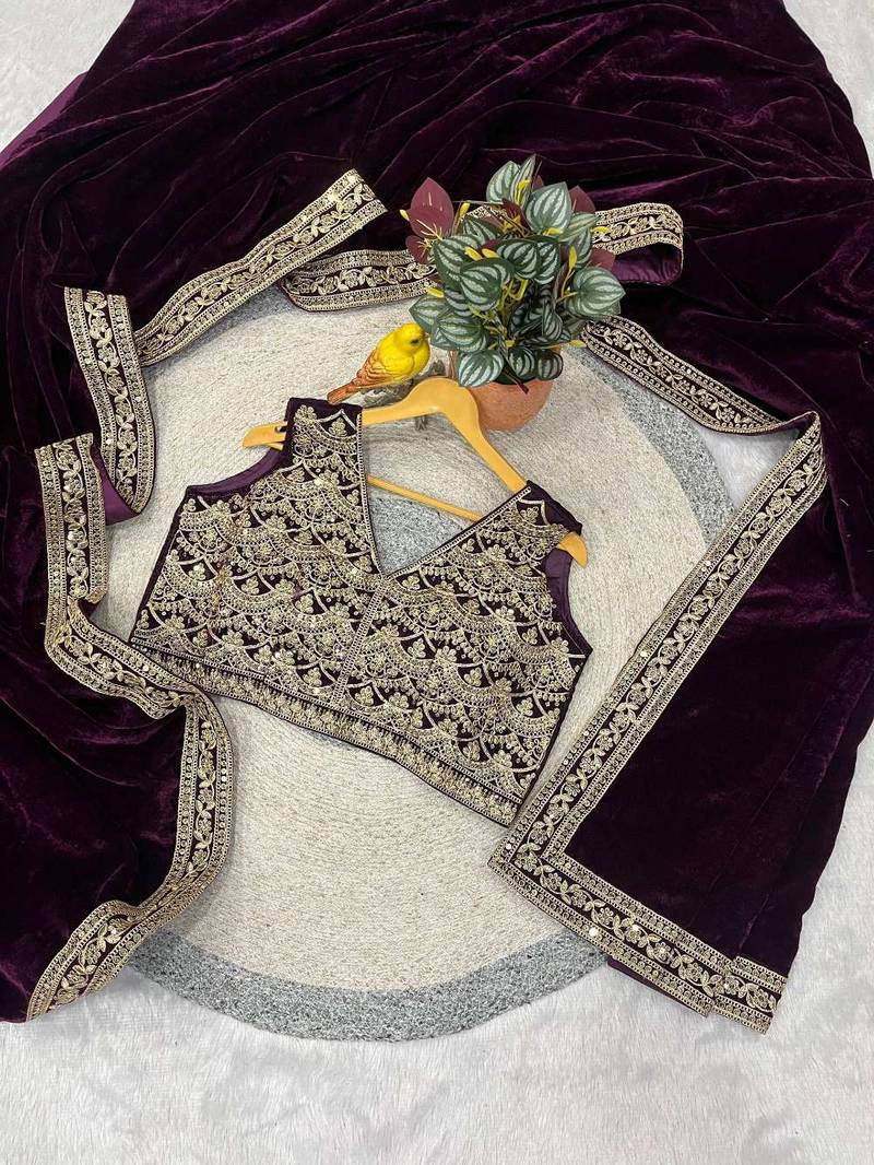Purple velvet embroidered sequins work heavy look ethnic saree with blouse