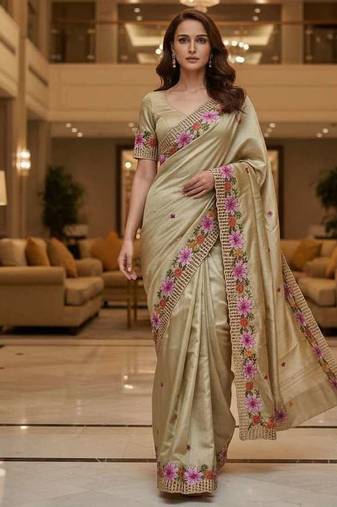 Golden manipuri silk embroidered thread work heavy look ethnic saree with blouse