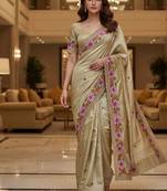 Golden manipuri silk embroidered thread work heavy look ethnic saree with blouse
