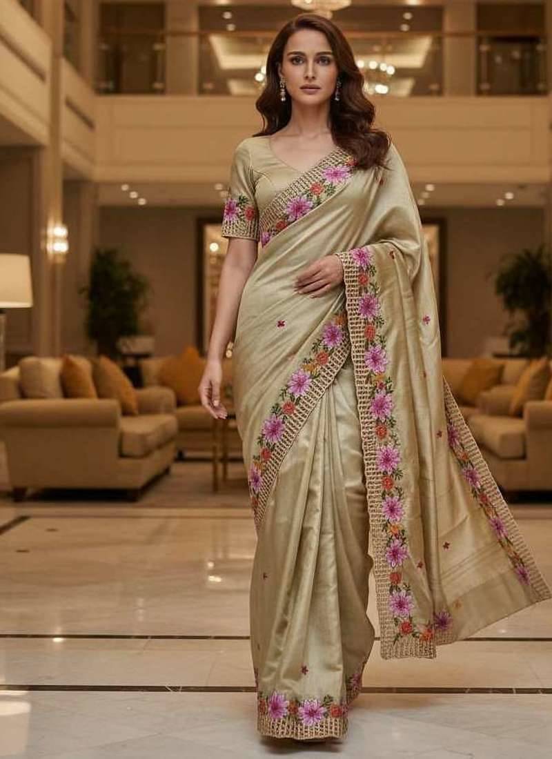 Golden manipuri silk embroidered thread work heavy look ethnic saree with blouse