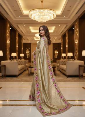 Golden manipuri silk embroidered thread work heavy look ethnic saree with blouse 2