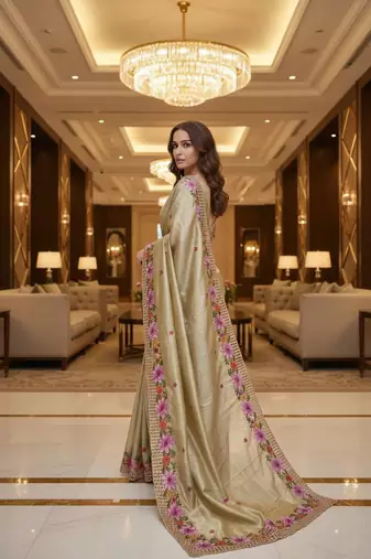 Golden manipuri silk embroidered thread work heavy look ethnic saree with blouse