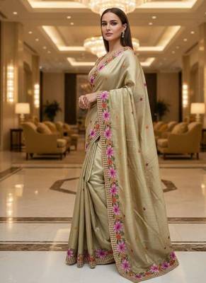 Golden manipuri silk embroidered thread work heavy look ethnic saree with blouse 3