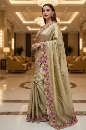Golden manipuri silk embroidered thread work heavy look ethnic saree with blouse
