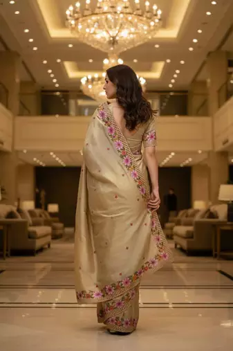Golden manipuri silk embroidered thread work heavy look ethnic saree with blouse
