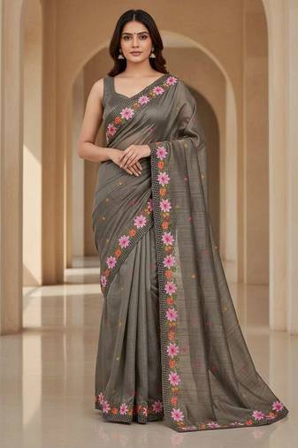 Grey manipuri silk embroidered thread work heavy look ethnic saree with blouse
