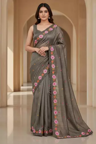 Grey manipuri silk embroidered thread work heavy look ethnic saree with blouse
