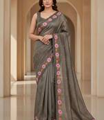 Grey manipuri silk embroidered thread work heavy look ethnic saree with blouse