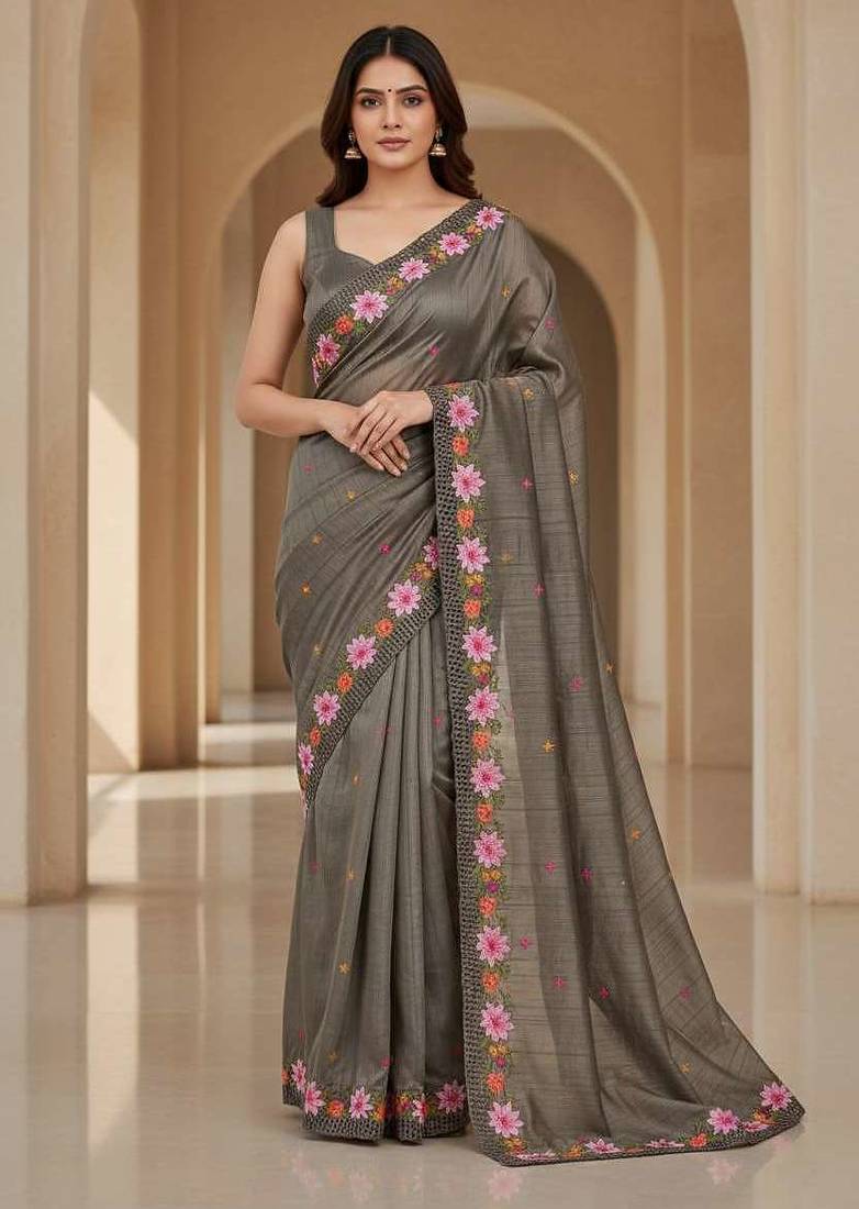Grey manipuri silk embroidered thread work heavy look ethnic saree with blouse