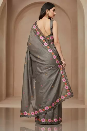 Grey manipuri silk embroidered thread work heavy look ethnic saree with blouse