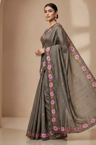 Grey manipuri silk embroidered thread work heavy look ethnic saree with blouse
