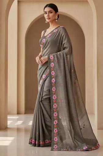 Grey manipuri silk embroidered thread work heavy look ethnic saree with blouse