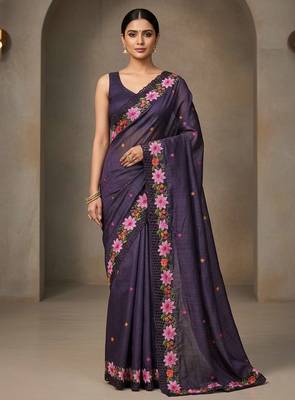 Purple manipuri silk embroidered thread work heavy look ethnic saree with blouse 1