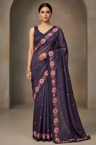 Purple manipuri silk embroidered thread work heavy look ethnic saree with blouse