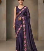 Purple manipuri silk embroidered thread work heavy look ethnic saree with blouse