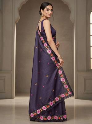 Purple manipuri silk embroidered thread work heavy look ethnic saree with blouse 2