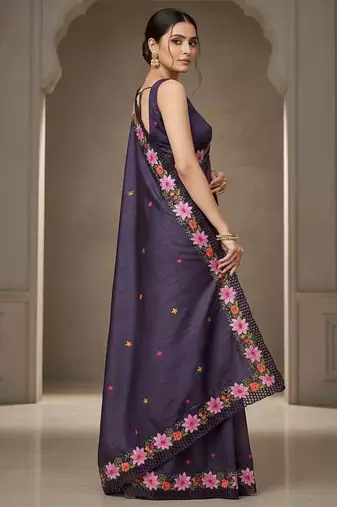 Purple manipuri silk embroidered thread work heavy look ethnic saree with blouse