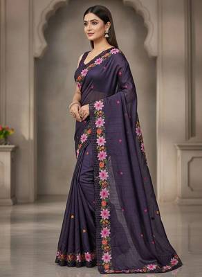 Purple manipuri silk embroidered thread work heavy look ethnic saree with blouse 3