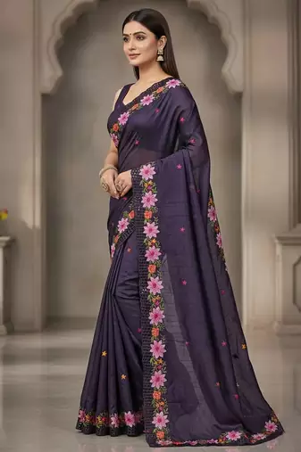 Purple manipuri silk embroidered thread work heavy look ethnic saree with blouse