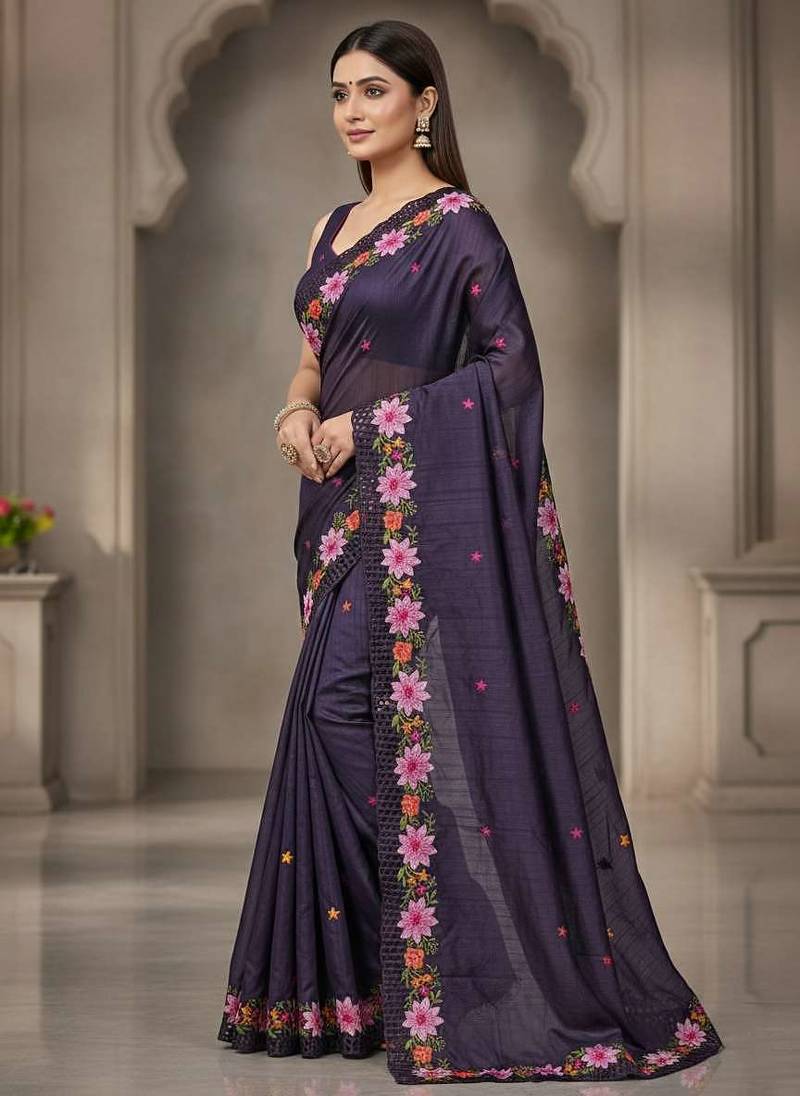 Purple manipuri silk embroidered thread work heavy look ethnic saree with blouse