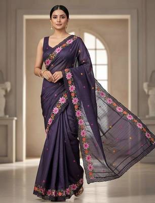 Purple manipuri silk embroidered thread work heavy look ethnic saree with blouse 4
