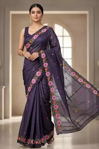 Purple manipuri silk embroidered thread work heavy look ethnic saree with blouse