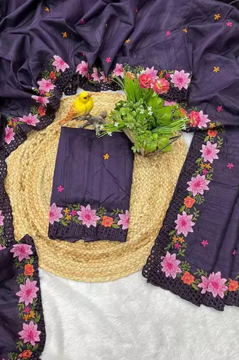 Purple manipuri silk embroidered thread work heavy look ethnic saree with blouse