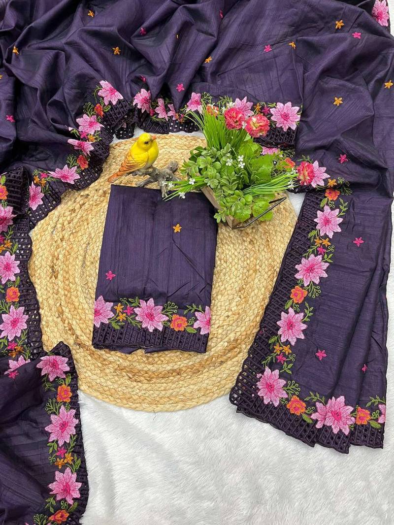 Purple manipuri silk embroidered thread work heavy look ethnic saree with blouse