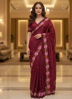 Red manipuri silk embroidered thread work heavy look ethnic saree with blouse 1