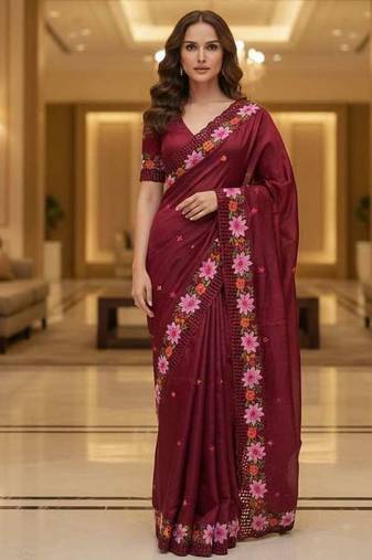 Red manipuri silk embroidered thread work heavy look ethnic saree with blouse