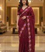 Red manipuri silk embroidered thread work heavy look ethnic saree with blouse