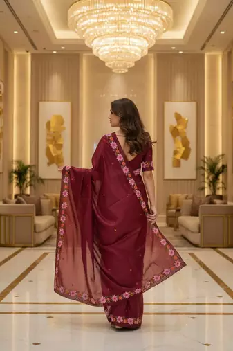 Red manipuri silk embroidered thread work heavy look ethnic saree with blouse