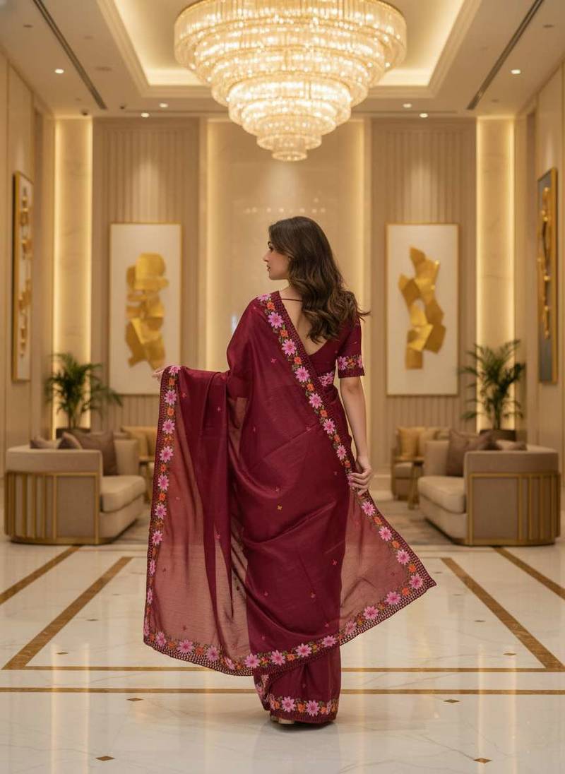 Red manipuri silk embroidered thread work heavy look ethnic saree with blouse