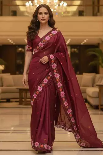 Red manipuri silk embroidered thread work heavy look ethnic saree with blouse