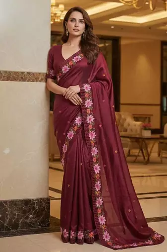 Red manipuri silk embroidered thread work heavy look ethnic saree with blouse