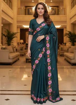 Teal manipuri silk embroidered thread work heavy look ethnic saree with blouse 1