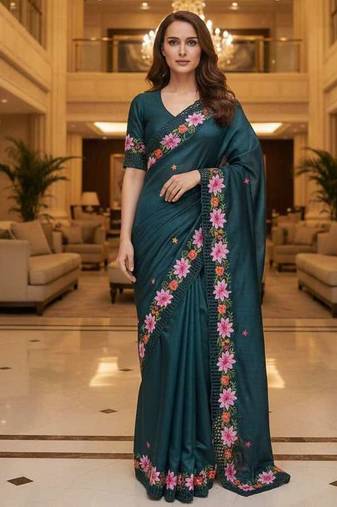 Teal manipuri silk embroidered thread work heavy look ethnic saree with blouse