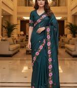 Teal manipuri silk embroidered thread work heavy look ethnic saree with blouse