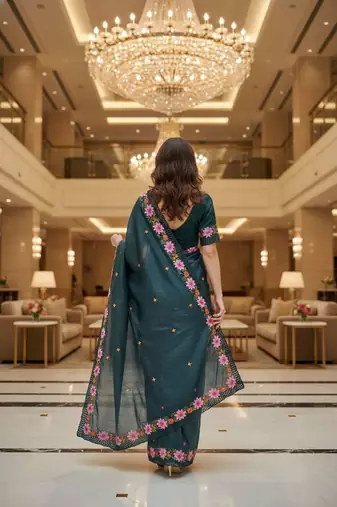 Teal manipuri silk embroidered thread work heavy look ethnic saree with blouse