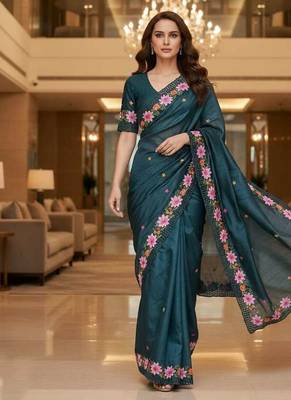 Teal manipuri silk embroidered thread work heavy look ethnic saree with blouse 3